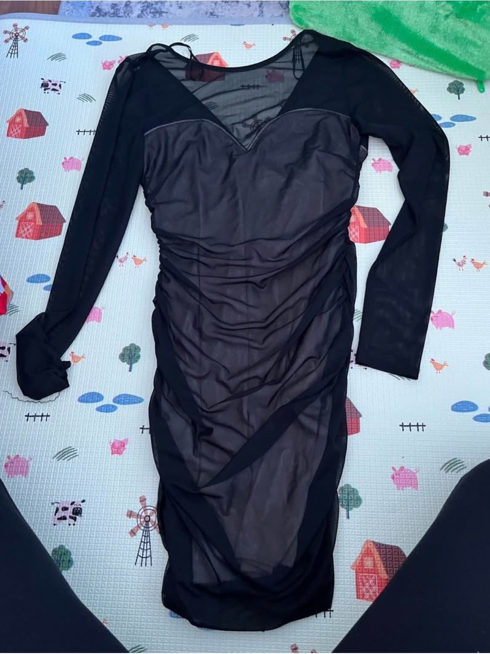 Black Long-Sleeve Sheer Ruched Bodycon Dress